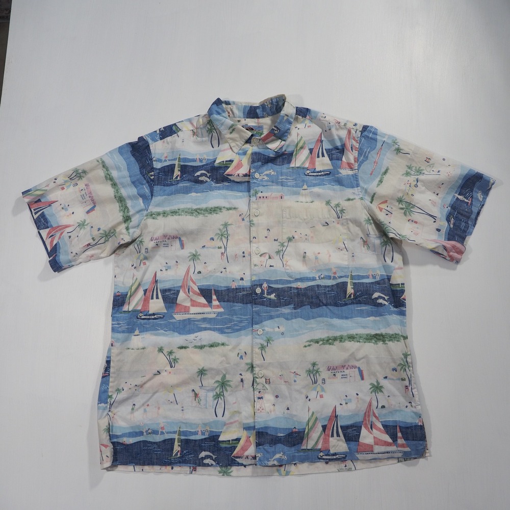 Vintage Reyn Spooner Shirt Mens Extra Large White Blue Cotton Hawaiian Sailboat